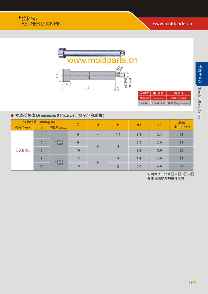 東莞大翔模具配件有限公司專業(yè)生產(chǎn)拉料銷，拉料銷的材質(zhì)、熱處理、硬度、標準、型號等詳情說明和介紹，您可以通過本頁面下單留言或者發(fā)送詢/報價