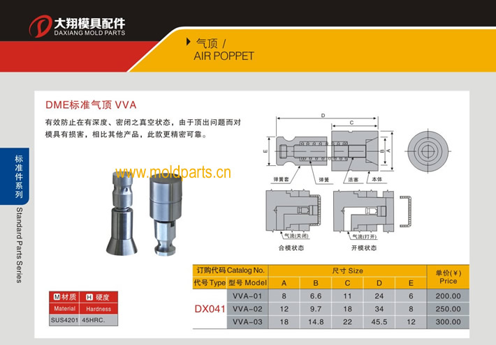東莞大翔模具配件有限公司專業(yè)生產(chǎn)DME標(biāo)準(zhǔn)氣頂VVA，DME標(biāo)準(zhǔn)氣頂VVA的材質(zhì)、熱處理、硬度、標(biāo)準(zhǔn)、型號等詳情說明和介紹，您可以通過本頁面下單留言或者發(fā)送詢/報價