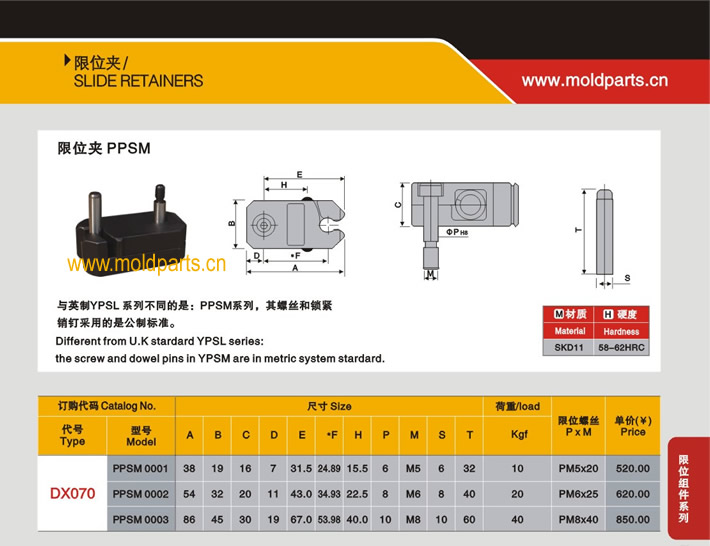東莞大翔模具配件有限公司專業(yè)生產(chǎn)DME標(biāo)準(zhǔn)PPSM限位夾，DME標(biāo)準(zhǔn)PPSM限位夾的材質(zhì)、熱處理、硬度、標(biāo)準(zhǔn)、型號(hào)等詳情說明和介紹，您可以通過本頁面下單留言或者發(fā)送詢/報(bào)價(jià)