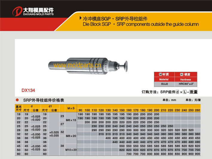 東莞大翔模具配件有限公司專業(yè)生產(chǎn)冷沖模SRP外導(dǎo)柱組件，冷沖模SRP外導(dǎo)柱組件的材質(zhì)、熱處理、硬度、標(biāo)準(zhǔn)、型號(hào)等詳情說明和介紹，您可以通過本頁面下單留言或者發(fā)送詢/報(bào)價(jià)